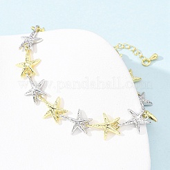 女性用真鍮リンクチェーンブレスレット  プラチナ·ゴールデン  ヒトデ  7-1/8インチ（18.2cm）  リンク：15x12x2.5mm&nbsp;BJEW-G762-01GP-04