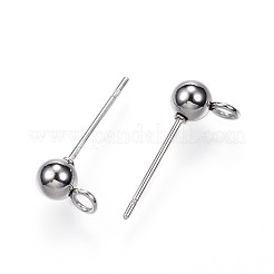 変色しない304ステンレススチールボールスタッドピアス金具  カン付き  ステンレス鋼色  15x7x4mm  穴：1.7mm  ピン：0.7mm&nbsp;LS-STAS-G099-09P