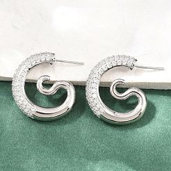 真鍮製マイクロパヴェキュービックジルコニアスタッドピアス  鉛フリー＆カドミウムフリー  長持ちメッキ  ラックめっき  プラチナ  26x24x5.5mm&nbsp;EJEW-G471-50P
