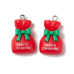 クリスマステーマの不透明樹脂ペンダント  プラチナトーン鉄パーツ  ギフトバッグ  レッド  25x15x7mm  穴：2mm&nbsp;FIND-E025-13
