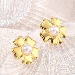 304ステンレススチールスタッドピアス  花  アブソリュートプラスチック模造パール  ゴールドカラー  25x26mm&nbsp;SA-CBA46AF-04G