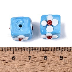 手作りのでこぼこランプワークビーズ  花模様の立方体  ディープスカイブルー  12~13x14~16x14~16mm  穴：1~1.6mm&nbsp;LAMP-Q039-14D