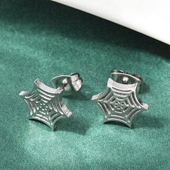 変色しない304ステンレススチール製スパイダーウェブスタッドピアス  女性のためのハロウィンジュエリー  ステンレス鋼色  11x9.5mm  ピン：0.8mm&nbsp;X-EJEW-G294-01P