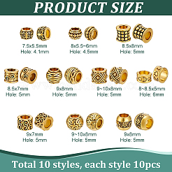 100個10スタイルチベットスタイル合金ヨーロピアンビーズ  大穴ビーズ  アンティーク黄金  7.5~10x5~8mm  穴：4.1~5mm  10個/スタイル&nbsp;MPDL-PH0001-17