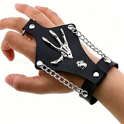パンク合金スカルスケルトンハンドPUレザーハンドハーネス  リベットチェーンリンクの指用リストカフ  ブラック  プラチナ  6.30インチ（16cm）&nbsp;WGCFF43-01