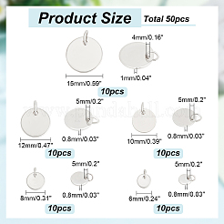 50個 5スタイル 304 & 201 ステンレススチール フラットラウンドタグチャーム  丸カン付き  ステンレス鋼色  6~15x0.8~1mm  穴：4~5mm  10個/スタイル&nbsp;STAS-NB0001-93