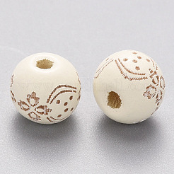 塗装天然木ビーズ  レーザー彫刻模様  花模様の丸  乳白色  10x9mm  穴：3mm&nbsp;WOOD-N006-03A-09