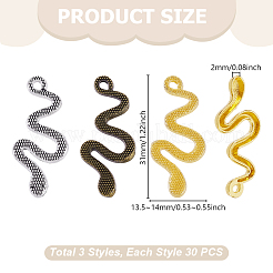 90pcs3スタイルチベットスタイルアロイペンダント  カドミウムフリー＆鉛フリー  ヘビ  ミックスカラー  31x13.5~14x2mm  穴：1.6mm  約30個/スタイル&nbsp;FIND-GA0008-08