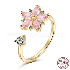 スターリングシルバーのオープンフィンガーリング 925 個  女性用キュービックジルコニア付き  桃の花 不安 心配 フィジェット スピナー リング  18KGP本金メッキ  1.5mm  usサイズ7（17.3mm）&nbsp;RJEW-A019-48G
