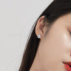 フラット ラウンド ロジウム メッキ 925 スターリング シルバー スタッド イヤリング、女性用、合成夜光石付き  ブラック  プラチナ&nbsp;EJEW-BB72170-A