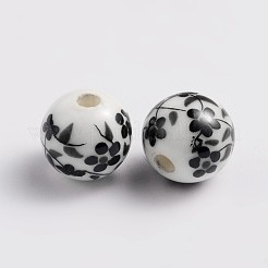 直径8mmの丸い黒色の花柄プリント磁器ビーズ  花柄のセラミックビーズ  穴：2mm&nbsp;X-PORC-Q201-8mm-5