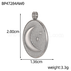 304ステンレスペンダント  チャーム  月のチャームが付いた楕円形  ステンレス鋼色  20x13mm  穴：2.5mm&nbsp;STAS-OY011-53P