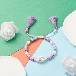 ナザールボンジュウと真珠の編みこみのビーズブレスレットが付いたナチュラルシェル  女性用ダブルタッセルチャーム付き平石ビーズブレスレット  ミディアム蘭  内径：2-1/8~ 3-1/8インチ（5.4~8cm）&nbsp;BJEW-TA00049-03
