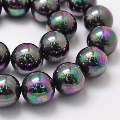 シェルパールビーズ連売り  虹メッキ  グレードA  ラウンド  ブラック  16mm  穴：1mm  約26個/連  16インチ&nbsp;BSHE-L025-05-16mm-1