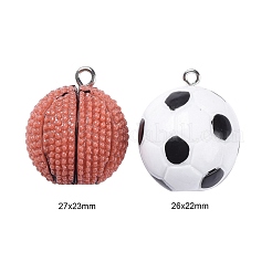16個2色不透明樹脂ペンダント  プラチナトーンのアイアンループ付き  バスケットボール&フットボール/サッカーボール  ミックスカラー  26~28x22mm  穴：2mm  8個/カラー  16個/箱&nbsp;RESI-LS0001-03P