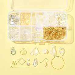 DIYダングルイヤリングキット  花のガラスペンダントを含む  真鍮のピアスフック  ホワイト&nbsp;DIY-FS0009-04