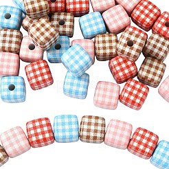 10個のプリント不透明アクリルビーズ  チェック柄の立方体  ミックスカラー  14x14~14.5x14~14.5mm  穴：3.8mm&nbsp;MACR-YW0004-19E