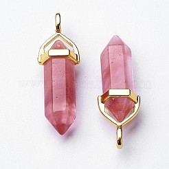 桜の石英ガラス製ダブルエンドポインテッドペンダント  染め  ランダムアロイペンダント六角形ビーズキャップベイル付き  弾丸  ゴールドカラー  37~40x12.5x10mm  穴：3x4.5mm&nbsp;G-G902-C09