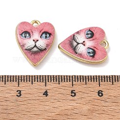 プリント合金ペンダント  猫の形をしたハートのチャーム  ラックめっき  カドミウムフリー＆ニッケルフリー＆鉛フリー  ゴールドカラー  ピンク  19x15x4mm  穴：1.8mm&nbsp;AL-CBA4262-10C-02