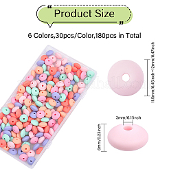 180個 6色 ロンデル 食品グレード 環境に優しいシリコンそろばんビーズ  ミックスカラー  11.5~12x6mm  穴：3mm  30個/カラー&nbsp;SIL-CA0003-15