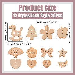 240個、12種類のスタイル、2穴木製ボタン  ベージュ  混合図形  11~20x12.5~23.5x3~3.5mm  穴：1.2~2.5mm  20個/スタイル&nbsp;BUTT-WR0001-27