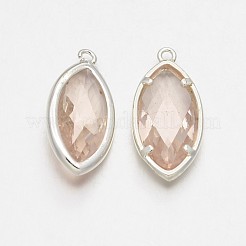 シルバーカラーメッキ真鍮ガラスペンダント  多面カット馬の目  桃パフ  22x10x5mm  穴：1mm&nbsp;GLAA-J071-05S