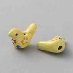 手作りの陶器ビーズ  印刷  鳥  きいろ  14~14.5x19.5~20x9mm  穴：1.4~1.8mm&nbsp;PORC-WH0016-14D