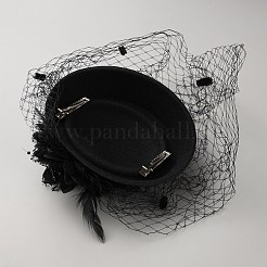 パーティーの装飾用の女性用ファシネーターフェザーハット  布製とワニ革のヘアアイロンクリップ付き  ブラック  255x260x85mm&nbsp;AJEW-WH0650-72