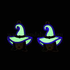 ハロウィーンテーマラックメッキ蓄光合金エナメルペンダント  暗闇で光る  帽子のチャームを持つ魔女  ゴールドカラー  29.5x23.5x1.5mm  穴：1.6mm&nbsp;ENAM-N056-235G