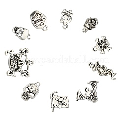 100pcs10スタイルチベットスタイルアロイペンダント  スカル  アンティークシルバー  16~24x9~23x2~7mm  10個/スタイル&nbsp;SKUL-CJ0001-01