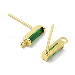 真鍮マイクロパヴェキュービックジルコニアピアスの金具  長持ちメッキ  カドミウムフリー＆鉛フリー  18KGP本金メッキ  長方形  グリーン  12x2.5mm  穴：1.2mm  ピン：0.8mm&nbsp;X-KK-A205-10G-01