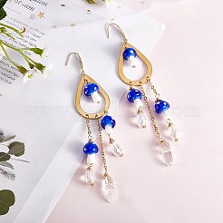 天然クォーツ クリスタル ティアドロップ & ランプワーク マッシュルーム シャンデリア イヤリング  女性用ゴールデン 316 サージカルステンレス ロングタッセル ドロップイヤリング  ブルー  120x20mm  ピン：0.8mm&nbsp;EJEW-SW00018-01