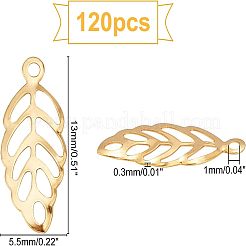 304ステンレススチールチャーム  葉  ゴールドカラー  13x5.5x0.3mm  穴：1mm  120個/箱&nbsp;STAS-UN0020-66G