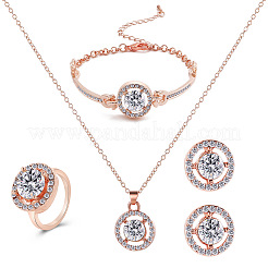 合金ラインストーンリンクブレスレット＆スタッドピアス＆ペンダントネックレス＆リングセット  フラットラウンド  ローズゴールド  410mm&nbsp;WG6A31F-02