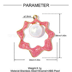 304ステンレススチールエナメルペンダント  花のチャーム  ABSの模造パールと  イオンプレーティング（ip）  18KGP本金メッキ  淡いバイオレットレッド  38x34mm  穴：1.8mm&nbsp;STAS-OY019-32G