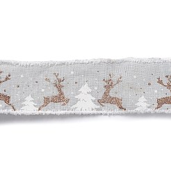 クリスマステーマのワイヤーリネンリボン  毛羽立ったエッジのリボン  鹿とクリスマスツリーのプリント  ライトグレー  2-1/2インチ（65mm）  約10.94ヤード（10m）/ロール&nbsp;OCOR-G013-01C