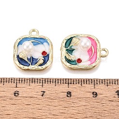 合金エナメルチャーム  スクエア＆フラワーチャーム  ABSの模造パールと  ライトゴールド  ミックスカラー  19x16x6mm  穴：1.8mm&nbsp;ENAM-N069-17KCG
