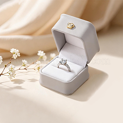 スクエアPUレザーリングギフトボックス2個  金メッキされた鉄の王冠とベルベットの内側  結婚式のための  ジュエリー収納ケース  グレー  5.85x5.8x4.9cm&nbsp;LBOX-CL0001-06