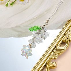 真鍮、アクリル、ガラスの携帯ストラップ  花  スター  ホワイト  163mm&nbsp;HJEW-SW00167-06