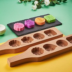 花＆フラットラウンド＆スクエア木製プレス月餅型  ペストリー型  ケーキ型  漢字の4つの空洞  バリーウッド  350x70mm&nbsp;BAKE-SZ0001-04