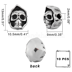 ハロウィン 304 ステンレススチールビーズ 10個  スカルヘッド  アンティークシルバー  13x10.5x9mm  穴：2mm&nbsp;STAS-DC0008-83