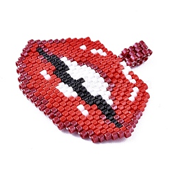 手作りシードビーズペンダント  弾性糸で  織機模様  リップ  レッド  32~33x40x1.5mm  穴：4mm&nbsp;SEED-I012-55