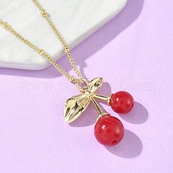 真鍮樹脂フルーツチェリーペンダントサテライトチェーンネックレス女性用  暗赤色  18KGP本金メッキ  17.91インチ（45.5cm）&nbsp;NJEW-D306-02G-A