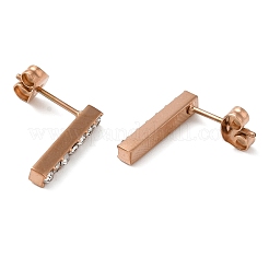 PVD真空メッキ304ステンレススチールスタッドピアス  ラインストーン付き  長方形  ローズゴールド  15x3mm  12個/セット&nbsp;EJEW-C099-08RG