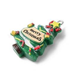 クリスマスの不透明な樹脂ペンダント  プラチナ鉄ループ付き  クリスマスツリー  34x24x10mm  穴：2mm&nbsp;RESI-A049-05J