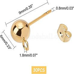 304ステンレススチールスタッドピアス金具  ピアスキャッチとカン付き  ゴールドカラー  9mm  穴：1.8mm  ボール：6mm  ピン：0.8mm  30個/箱&nbsp;STAS-UN0007-86G