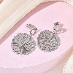 女性用304ステンレススチールダングルイヤリング  モンステラ葉  ステンレス鋼色  36x23.5mm&nbsp;SA-CBAEB5B-01
