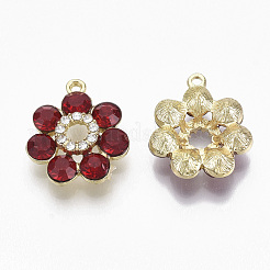 黄金は、合金チャームメッキ  ガラスラインストーン付き  花  ファイヤーブリック  19x16x5mm  穴：1.2~1.5mm&nbsp;PALLOY-N154-02C