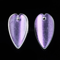 透明スプレー塗装ガラスペンダント  グリッターパウダー付き  葉  紫色のメディア  20.5x11x3.5mm  穴：1.2mm&nbsp;GGLA-S054-013B-02