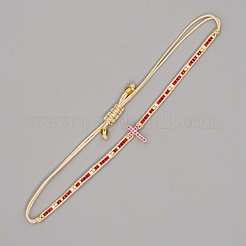 調整可能ナイロンコードビーズ編みブレスレット  ガラスシードビーズで  クロス  レッド  11インチ（28cm）&nbsp;BJEW-C011-08A